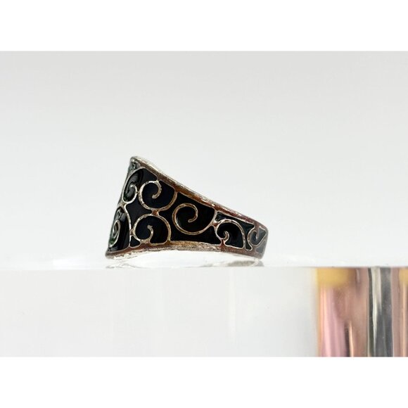 Silver Toned Scrolled Swirly Resin Inlay Unisex Vintage Ring - sz 7 - Picture 6 of 9